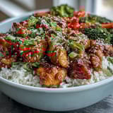 Sweet and savory Honey Garlic Chicken Bowl, glistening with glaze over fluffy rice.