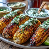 Juicy grilled corn, hot off the fire, paired with vibrant herbed butter swirls.