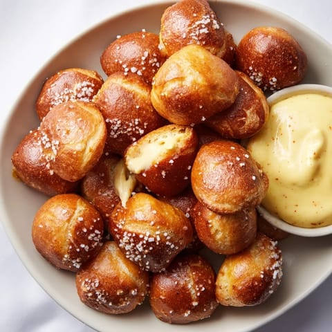 Close-up of fluffy pretzel bites with coarse salt, ready to be dunked in a vibrant cheese dip.