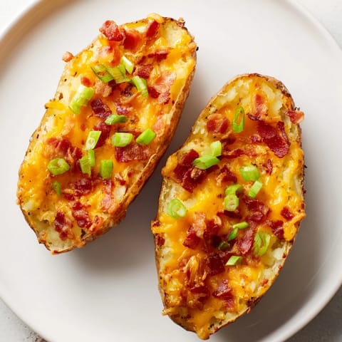 Crispy Potato Skins with melted cheddar, bacon crumbles, and green onion topping for sharing.