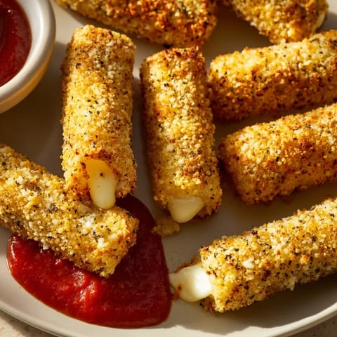 Melted cheese pull! Delicious homemade mozzarella sticks, perfectly breaded and ready to enjoy as a snack.
