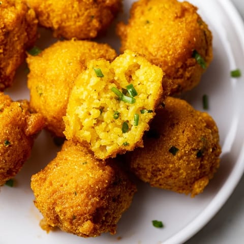Deep-fried hushpuppies with visible bits of onion and herbs, ready to be enjoyed with your favorite meal.