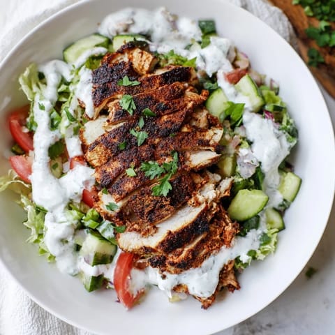 Tender grilled chicken shawarma salad with crisp cucumbers, tomatoes, and a tangy yogurt dressing on mixed greens.  