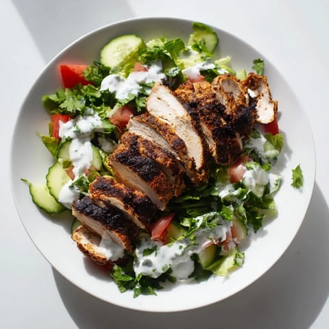 Vibrant chicken shawarma salad bowl topped with fresh herbs, red onion, and creamy garlic yogurt sauce.  