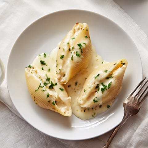 Tender jumbo pasta shells filled with creamy chicken Alfredo mixture, topped with bubbling cheese, ready to serve for dinner.