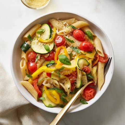 A finished bowl of Garden Veggie Pasta garnished with basil and lemon zest, served with a glass of white wine.