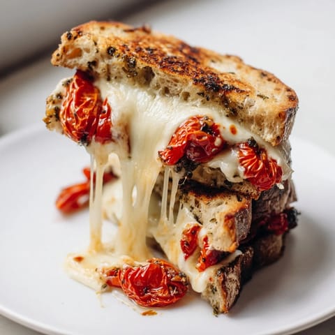 Golden roasted tomato slices and melted mozzarella peek out from a buttery sourdough grilled cheese, drizzled with vibrant basil pesto.