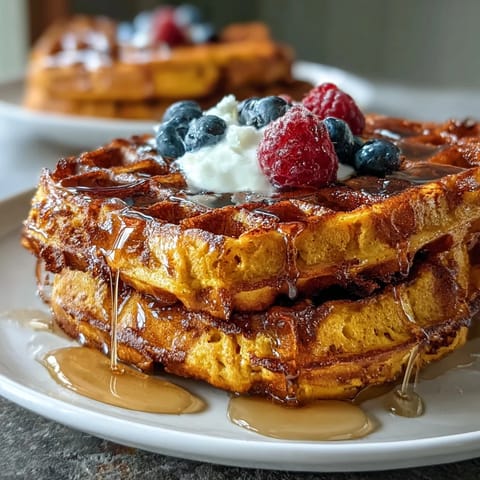 Golden anti-inflammatory turmeric waffles freshly cooked, served warm with berries.