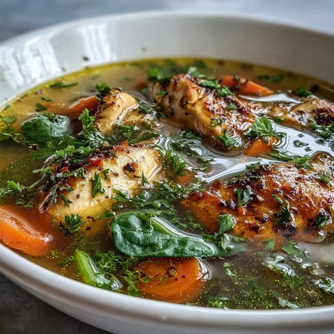 Vibrant steam rises from a spoonful of Turmeric Chicken Soup, revealing bright yellow broth and fresh herbs.