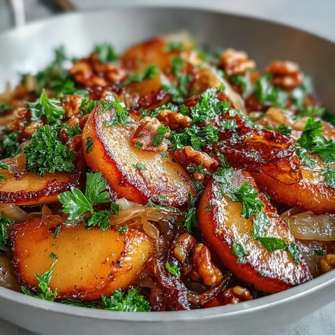 Golden apples and crisp sauerkraut sizzle in a warm skillet salad, topped with fresh parsley and toasted walnuts.