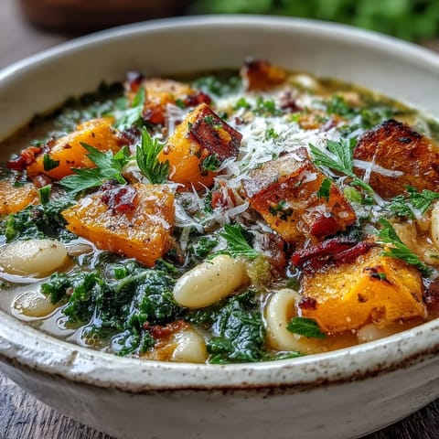 Spoon lifting a hearty serving of Fall Minestrone with kale and creamy white beans from a Dutch oven.
