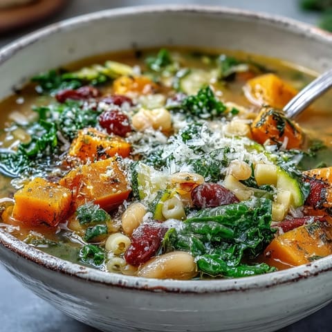 A rustic pot of Winter Minestrone Soup simmering with Italian herbs, beans, and fresh vegetables for a cozy meal.