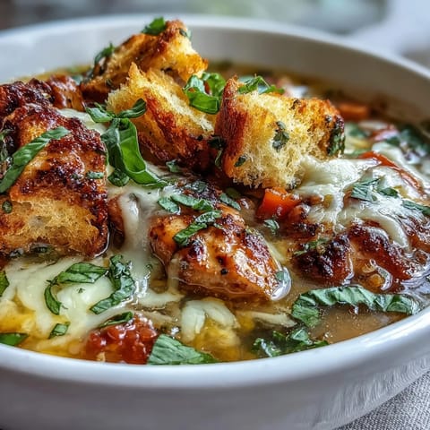 Spoonful of Grilled Chicken Parmesan Soup revealing shredded chicken, tomato base, and melted mozzarella.