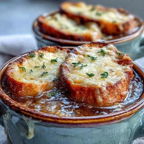 Steaming Dutch Oven French Onion Soup in a rustic bowl with melted Gruyère bubbling over crispy baguette.