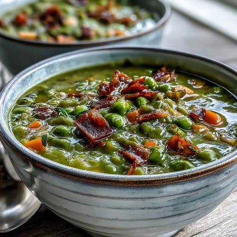 A hearty ladle of Split Pea and Ham Soup steams next to crusty bread.
