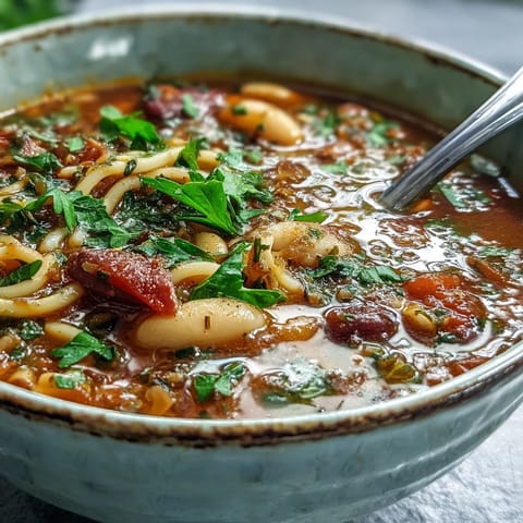Steaming pot of Minestrone Soup with colorful carrots, celery, zucchini, and green beans simmering in rich tomato broth.