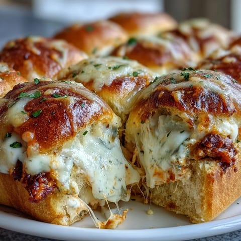 Golden Pizza Dip Sliders filled with creamy Buffalo chicken dip and melted cheese, served warm on a rustic board with fresh parsley.