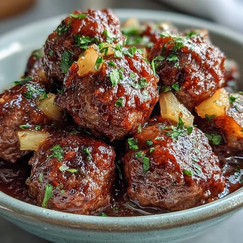Sweet and sour crock pot meatballs simmer in a glossy, tangy-sweet peach preserves sauce served in a slow cooker.  