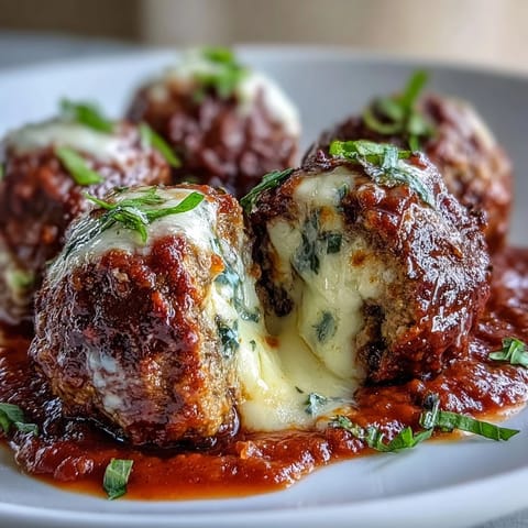 Tender, garlicky meatballs topped with melted mozzarella and fresh basil, nestled in a rich red marinara sauce for a family-style meal.  