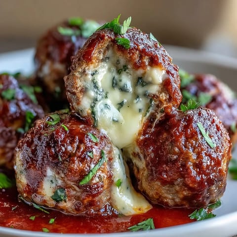 Golden-brown cheesy meatballs with marinara sauce bubbling on a spoon, served over gluten-free spaghetti for a comforting Italian dinner.  
