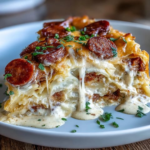 Serving suggestion shows creamy pierogi casserole with kielbasa topped with fresh chives from the slow cooker.