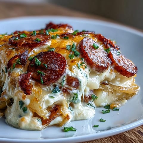 Golden brown kielbasa slices and melted cheddar cheese cover tender pierogi in this slow cooker casserole dish.