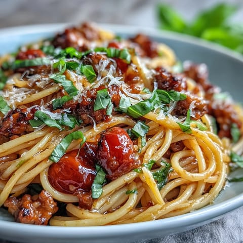 A skillet of hearty Italian Drunken Noodles with shrimp, bathed in a rich red wine and tomato sauce.