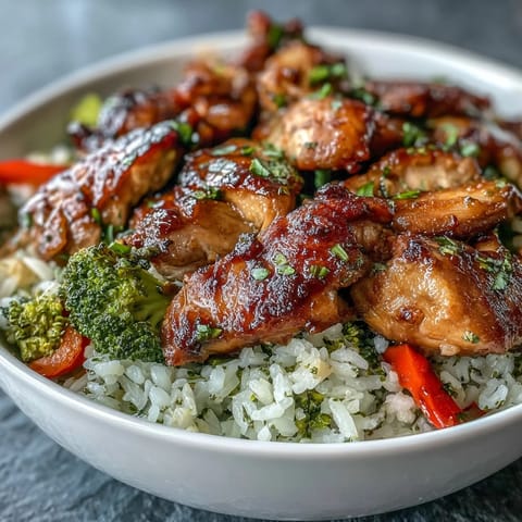 Tender chicken and colorful veggies top fluffy rice in this appetizing Chicken and Rice Bowl.