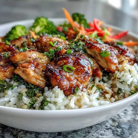 Healthy Chicken and Rice Bowl featuring sautéed vegetables in a savory marinade, ready to enjoy.