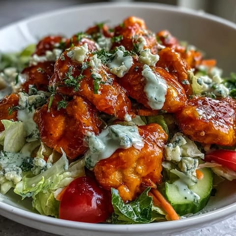 Bright red Buffalo Chicken Bowl with tender chicken, crisp romaine, carrots, and tomatoes topped with creamy ranch and blue cheese.