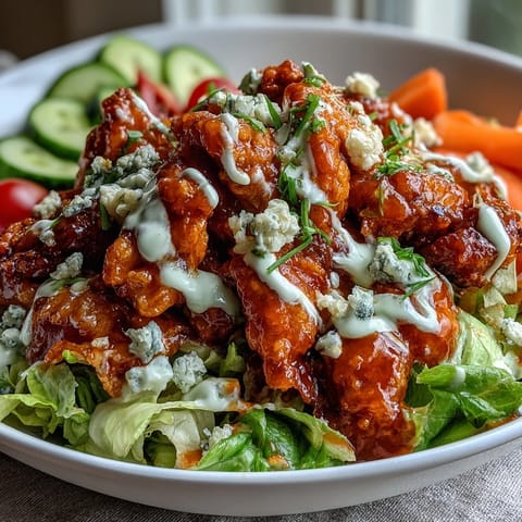Warm Buffalo Chicken Bowl layered over fluffy rice and crunchy vegetables drizzled with tangy ranch dressing for easy weeknight dinner.
