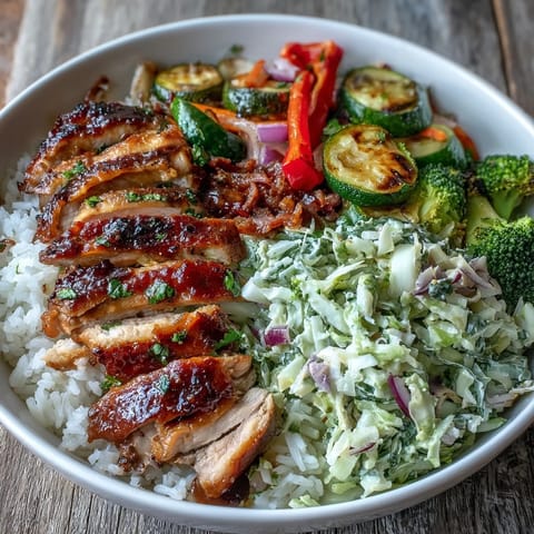 A close-up view shows caramelized BBQ glazed chicken over rice, topped with crisp slaw and vibrant roasted veggies in a bowl.