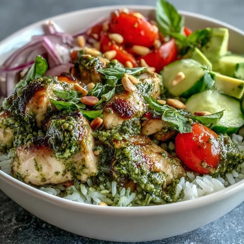 Golden-brown pesto chicken pieces, marinated in fresh basil pesto, served over fluffy white rice with cherry tomatoes and creamy avocado slices.
