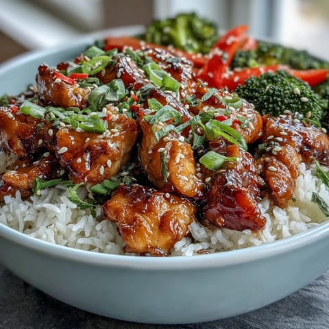 Sweet and savory Honey Garlic Chicken Bowl, glistening with glaze over fluffy rice.