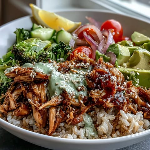 Hearty rotisserie chicken bowl with vibrant veggies and creamy tzatziki sauce.