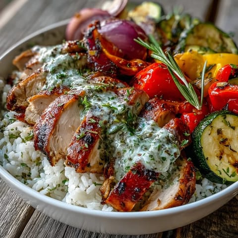 Lemon Herb Roasted Chicken Bowl: Tender chicken, bright vegetables, and fluffy rice, ready to be drizzled.