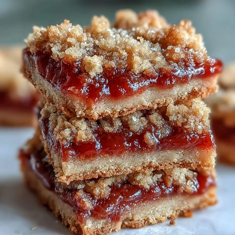 Freshly baked Guava Jam Bars stacked on a rustic wooden board, sprinkled with powdered sugar.