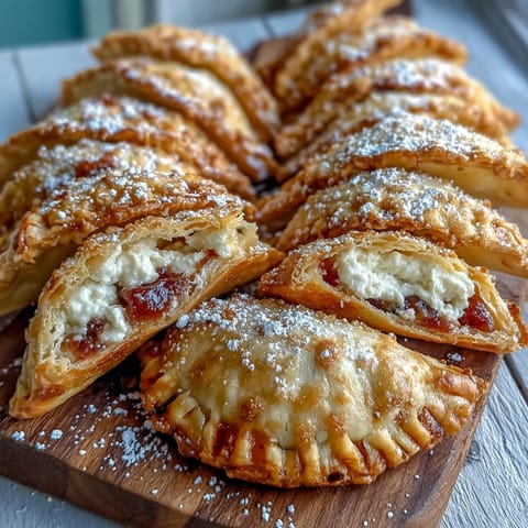 Golden air-fried Guava and Cheese Empanadas on a plate with powdered sugar dusting