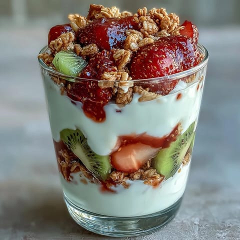 Clear glass jars display layered Guava-Flavored Yogurt Parfait with creamy yogurt, pink guava jam, strawberries, kiwi, and crunchy granola topped with coconut and mint.