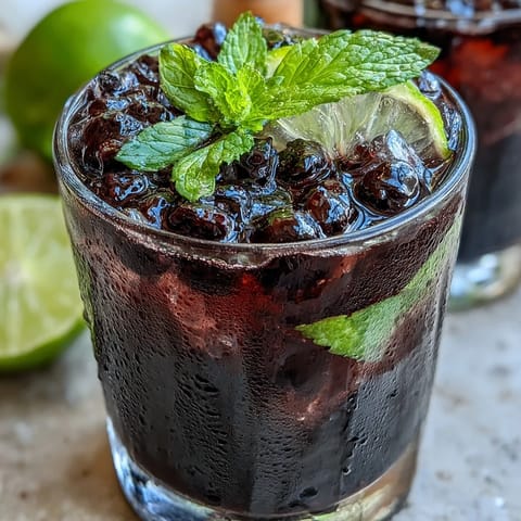 A refreshing Black Currant Mojito garnished with fresh mint and a lime wedge, perfect for summer sipping.