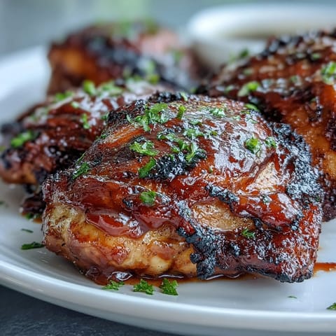 A golden roasted chicken thigh glazed with vibrant guava BBQ sauce, showcasing a glossy, caramelized finish.