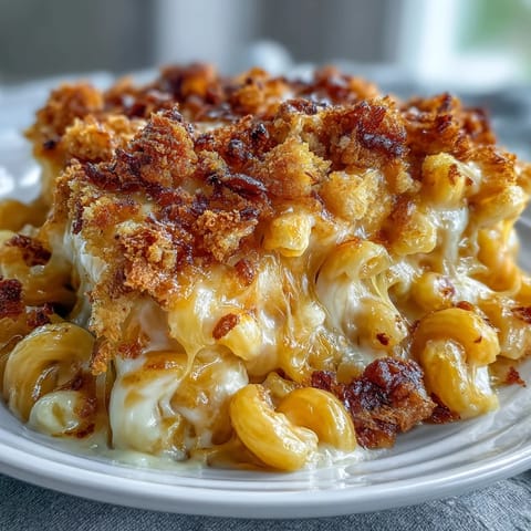 Classic Southern soul food oven-baked mac and cheese with a golden, bubbly cheddar crust and creamy pasta, perfect for holiday dinners.