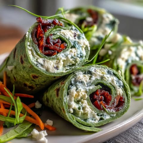 Vibrant green spinach tortillas rolled with herb cream cheese, crisp vegetables, and fresh greens for a colorful appetizer.