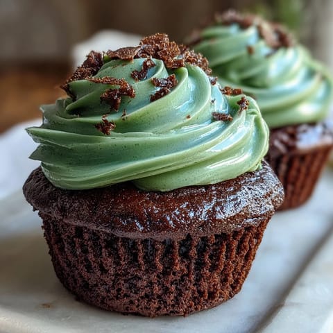 Festive green velvet cupcakes with cream cheese frosting, moist and cocoa-rich for St. Patrick's Day celebrations.