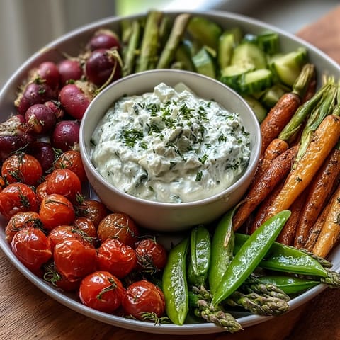 Fresh radishes, sugar snap peas, and carrots arranged with a tangy herb yogurt dip.