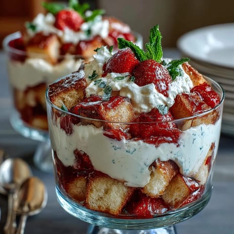 A beautiful layered Mothers Day Strawberry Shortcake Trifle with juicy berries, golden shortcake cubes, and airy vanilla whipped cream.