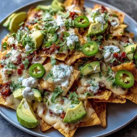 Crispy tortilla chips smothered in rich cheese sauce and fresh toppings, perfect for soccer game day snacking.  