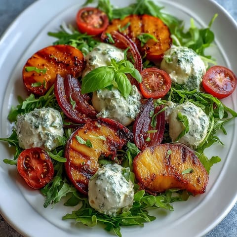 Grilled Peach and Burrata Salad with arugula, cherry tomatoes, and balsamic glaze—vibrant, creamy, and perfect for summer entertaining.