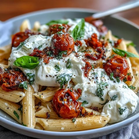 Caprese pasta with burrata, creamy cheese melting over fresh tomatoes and basil on a warm plate.  