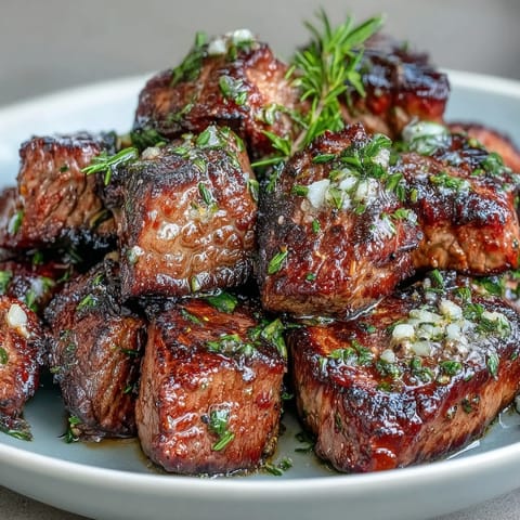 Juicy steak bites sizzling in a cast iron skillet, seared with garlic and fresh herbs for a flavorful one-pan dinner.